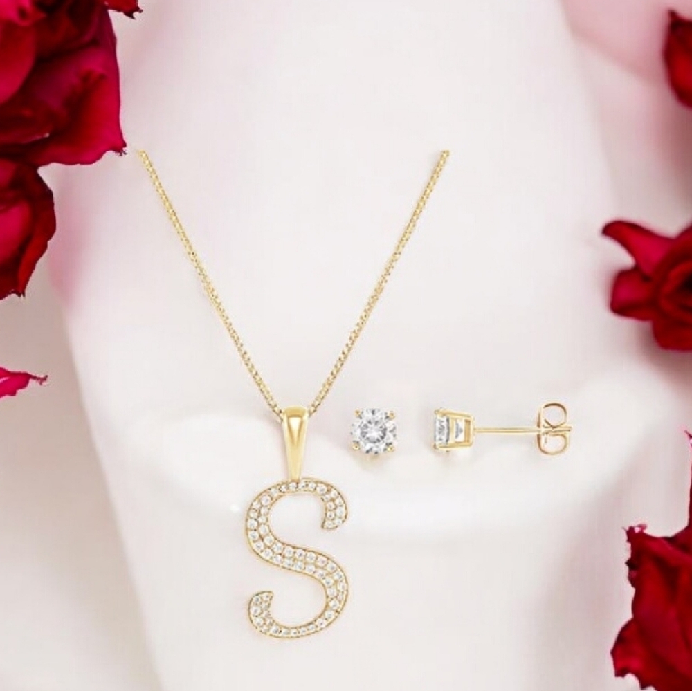 NIB Gold Initial 'S' Women's Cubic Zirconia 14k Gold Over Brass 2-pc Jewelry Set